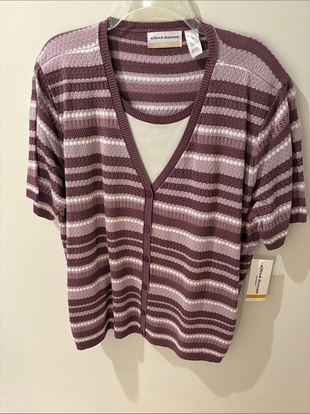 Alfred Dunner Lavender & Cream Striped V-Neck Button Cardigan